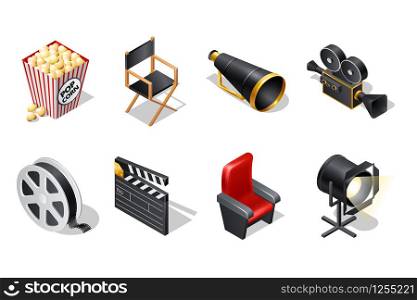 Cinema isometric icons with shadow cartoon vector illustration isolated on white background. Movie industry elements, clapper, chairs, loudspeaker, video camera, film reel, spotlight and popcorn. Cinema isometric icons with shadow illustration