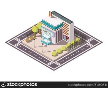 Cinema Isometric Illsutration. Cinema building isometric composition with road bench and trees vector illustration