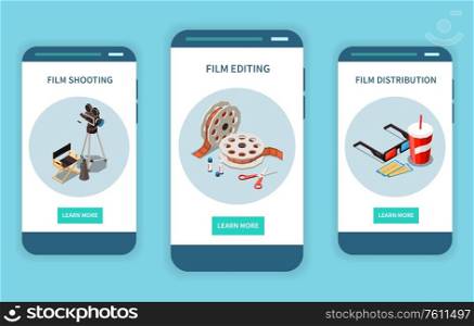 Cinema isometric set of three isolated vertical banners with compositions of icons and learn more buttons vector illustration
