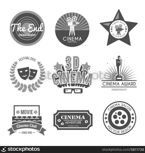 Cinema labels collection black. Cinema 3d film clubs retro black labels collection with movie theater entry tickets camera isolated vector illustration