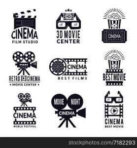 Cinema labels set. Badges with black pictures at cinema and video production industry. Video camera for cinema production, studio center, movie festival label. Vector illustration. Cinema labels set. Badges with black pictures at cinema and video production industry