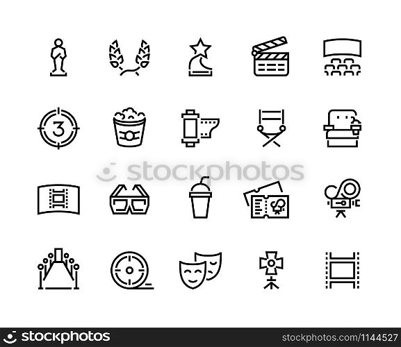 Cinema line icon. Movie and theater awards, tv entertainment and leisure with film and popcorn symbols. Vector illustration cinema icons set video, movie camera, popcorn. Cinema line icon. Movie and theater awards, tv entertainment and leisure with film and popcorn symbols. Vector cinema set