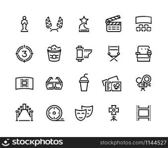Cinema line icon. Movie and theater awards, tv entertainment and leisure with film and popcorn symbols. Vector illustration cinema icons set video, movie camera, popcorn. Cinema line icon. Movie and theater awards, tv entertainment and leisure with film and popcorn symbols. Vector cinema set
