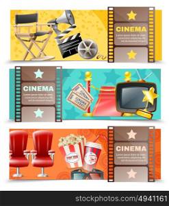 Cinema Movie 3 Horizontal Retro Banners. Cinema movie theater and film making 3 horizontal retro banners set with clapper board isolated vector illustration