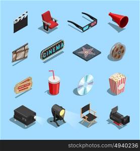 Cinema Movie Accessories Isometric Icons Collection . Cinema movie theater accessories and gadgets isometric icons set with projector 3d glasses and snacks isolated vector illustration