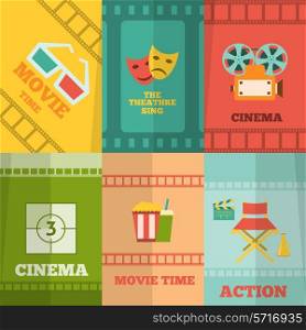 Cinema movie action film tickets snacks glasses retro symbols six flat icons composition abstract isolated vector illustration
