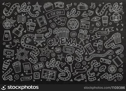 Cinema, movie, film doodles hand drawn chalkboard vector symbols and objects. Cinema, movie, film doodles hand drawn chalkboard vector symbols