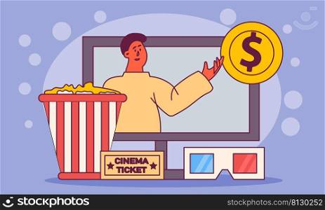 Cinema movie online and video entertainment. Man watch film with web theatre media vector illustration. Show play with popcorn and cinematography multimedia. Business app service to watch picture