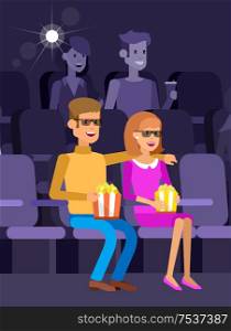 Cinema movie poster or banner template, popcorn, 3D glasses, concept banner. Cinema hall. Rest with family in the cinema. Cute vector character people. cinema movie poster template