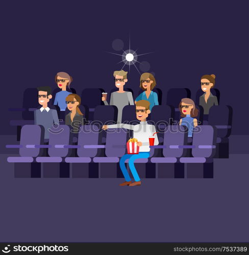 Cinema movie poster or banner template, popcorn, 3D glasses, concept banner. Cinema hall. Rest in the cinema. Cute vector character people. cinema movie poster template