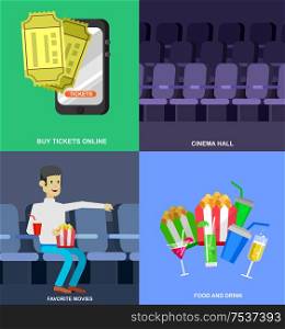 Cinema movie poster or banner template, popcorn, 3D glasses, concept banner. Cinema hall. Rest in cinema with family. Cute vector character people in cinema. cinema movie poster template