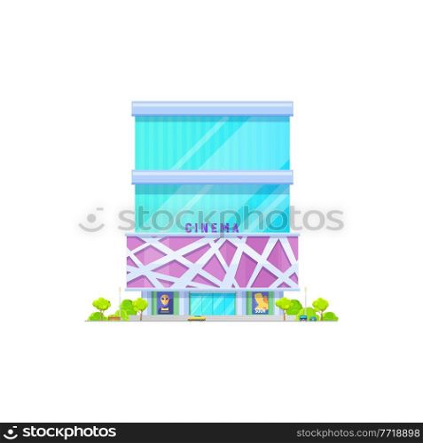 Cinema movie theater building, city modern architecture, vector, theatre hall entrance. Cinema movie house facade, exterior of glass with movie premiere and now showing billboard posters. Cinema movie theater building, modern architecture