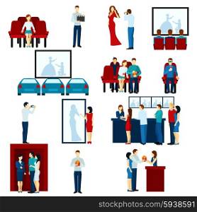 Cinema movie theater flat icons set. Cinema house film show flat icons set with drive-in and tickets line banner abstract isolated vector illustration