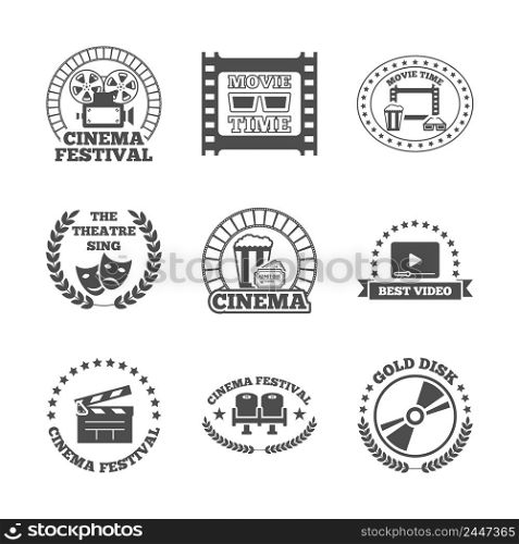 Cinema movie theater golden disk best video festival black retro style labels icons set isolated vector illustration