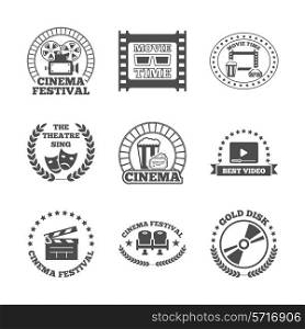 Cinema movie theater golden disk best video festival black retro style labels icons set isolated vector illustration