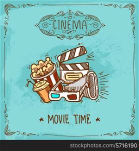 Cinema movie time sketch poster with popcorn glasses clapperboard and megaphone vector illustration