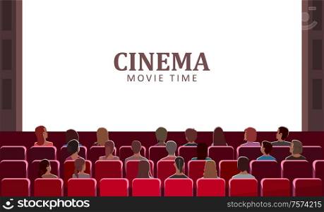 Cinema movie time vector, people sitting in seats at hall. Big screen sheet with title, man and woman in romantic atmosphere enjoying film on monitor. Cinema Movie Time, People Sitting in Seats at Hall