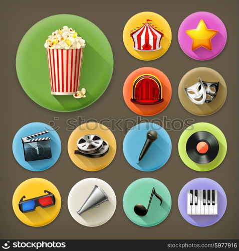 Cinema, music and theater, long shadow icon set