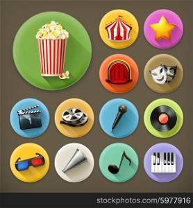 Cinema, music and theater, long shadow icon set