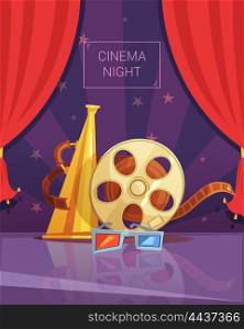 Cinema Night Illustration . Cinema night cartoon background with videotape and red curtain vector illustration