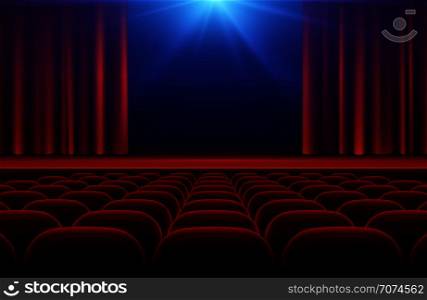 Cinema or theater hall with stage, red curtain and seats vector illustration. Cinema theater and curtain for stage. Cinema or theater hall with stage, red curtain and seats vector illustration