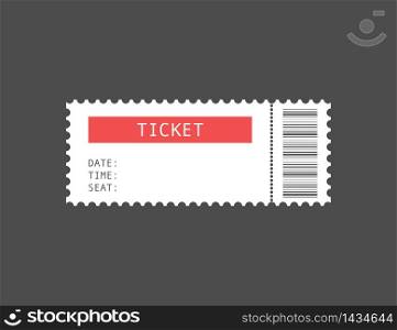 Cinema or theater ticket. Coupon for event or movie show. Paper entry label with date, time and seat info. Theatre show illustration in flat design and with barcode. Vector EPS 10