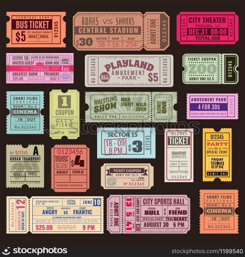 Cinema or theater ticket set. Vintage invite tickets with stamp, retro voucher for museum or concert event isolated realistic vector design. Cinema or theater ticket set. Vintage invite tickets with stamp, retro voucher for museum or concert event isolated vector design