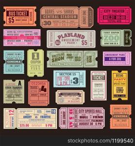 Cinema or theater ticket set. Vintage invite tickets with stamp, retro voucher for museum or concert event isolated realistic vector design. Cinema or theater ticket set. Vintage invite tickets with stamp, retro voucher for museum or concert event isolated vector design