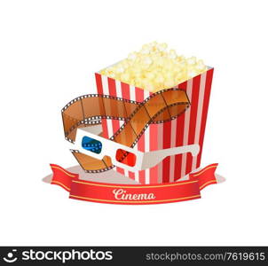 Cinema poster decorated by striped box with popcorn, glasses for watching in 3d format, movie retro roll. Media equipments, film decorations vector. Film Decorations, Glasses and Popcorn, Roll Vector