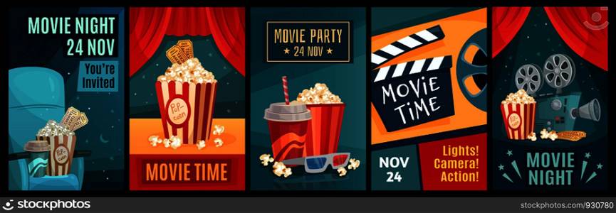 Cinema poster. Night film movies, popcorn and retro movie posters template. Cinematograph advertising banners, films ticket or movie show posters cartoon vector illustration set. Cinema poster. Night film movies, popcorn and retro movie posters template vector illustration set