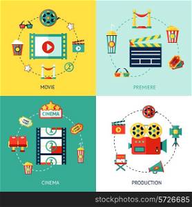 Cinema production flat design concepts set with movie premiere icons isolated vector illustration