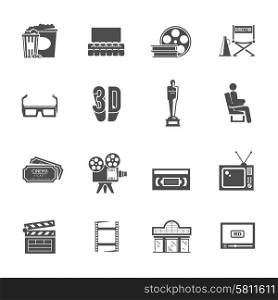 Cinema retro black icons set. Prize winning film production and movie theater projector retro black icons set with abstract isolated vector illustration