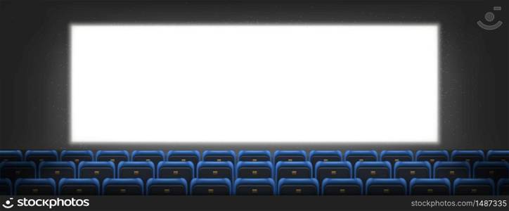 Cinema screen, lightbox in movie theater hall with seats rows. Blank television monitor on dark wall background. White glowing display for video presentation, realistic 3d vector empty plasma panel. Cinema screen, lightbox in movie theater hall