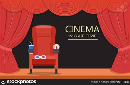 Cinema seat. theater stage with red curtains. Vector illustration in flat style. Cinema seat.Theater seat
