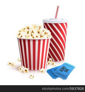 Cinema set with cola glass popcorn bucket and tickets realistic vector illustration. Cola Popcorn And Tickets