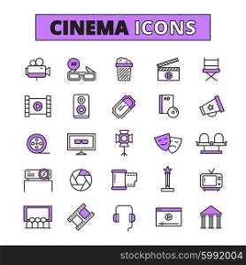 Cinema symbols outlined icons set. Movie theater cinema retro tickets and television 3d effects polarized glasses outlined icons collection isolated vector illustration