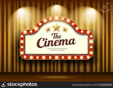 Cinema Theater and red sign light up curtains gold design background, vector illustration