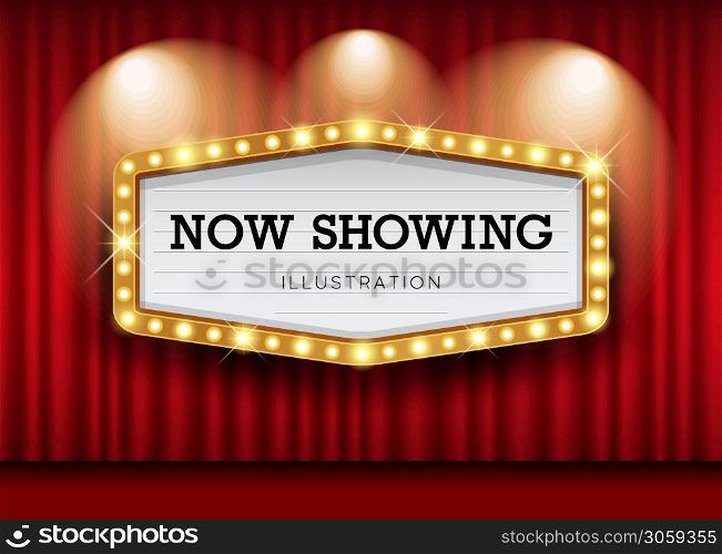 Cinema Theater curtains and sign light up design background, vector illustration