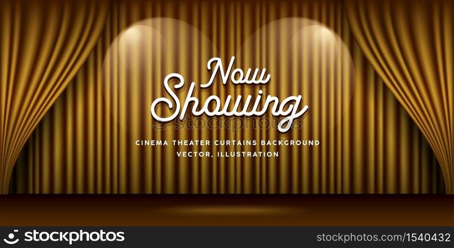 Cinema Theater curtains gold and lighting banner background, vector illustration