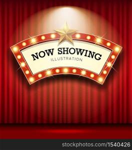 Cinema Theater curve sign red curtain light up banner design background, vector illustration