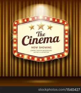 Cinema Theater Hexagon sign gold curtain light up banner design background, vector illustration