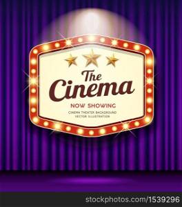 Cinema Theater Hexagon sign purple curtain light up banner design background, vector illustration