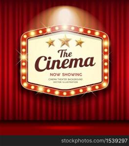 Cinema Theater Hexagon sign red curtain light up banner design background, vector illustration