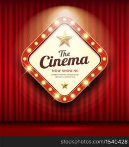 Cinema Theater sign shaped square light up on red curtain design background, illustration