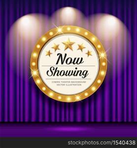 Cinema Theater vector and circle sign gold light up curtains purple design background, illustration