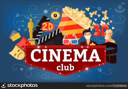 Cinema Theatre Club Background. Cinema movie background composition with doodle style images of tickets popcorn 3d glasses and sign board vector illustration