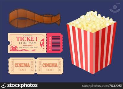 Cinema ticket admission vector, access to watch movies, film recorded on tape isolated icons set. Package of popcorn, cooked salty snack, weekend activity. Cinema Ticket and Movie Tape Popcorn Snack Package