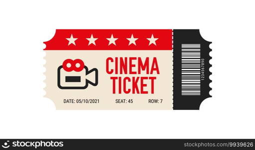 Cinema ticket with barcode vector icon. Movie ticket template. Realistic cinema theater admission pass mock up coupon. Vintage retro old ticket red and black.. Cinema ticket with barcode vector icon