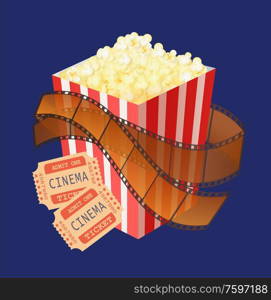 Cinema tickets and cooked popcorn in package with stripes vector, weekends entertainment and activities on holiday, movie and film watching hobby. Package of Popcorn Snack and Cinema Tickets Vector