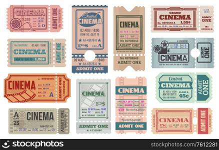 Cinema tickets templates. Vector retro admit coupons for movie theater access with date, time, seat and row number, price and separation line. Vintage cinema performance entertainment entry tickets. Cinema tickets templates, vector retro admits